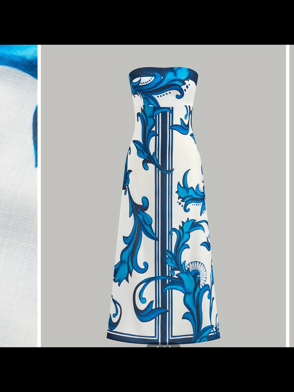 Commense Strapless White Dress with Blue Scroll Print